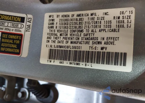 2015 Honda Cr-V Lx z USA, uszkodzony, nr VIN 5J6RM4H38FL088301